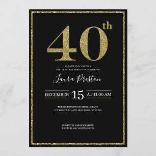 Convite Elegante Dourado Glitter aniversário de 40 anos