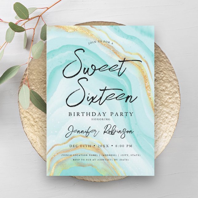 Convite Elegante Dourado Glitter Chic Marble Sweet 16 (Elegant Gold Teal Glitter Chic Marble Sweet 16 Invitation)