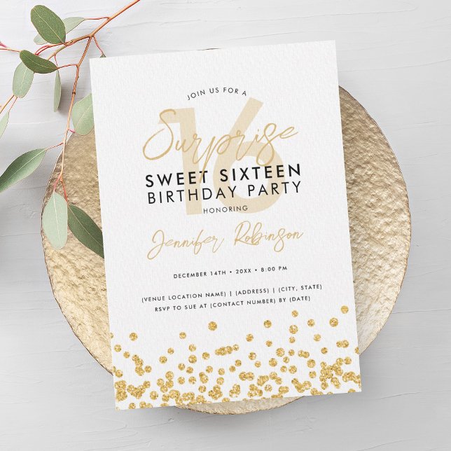 Convite Elegante Dourado Glitter Confetti Surpresa Sweet 1 (Elegant Gold Glitter Confetti Surprise Sweet 16 Invitation)