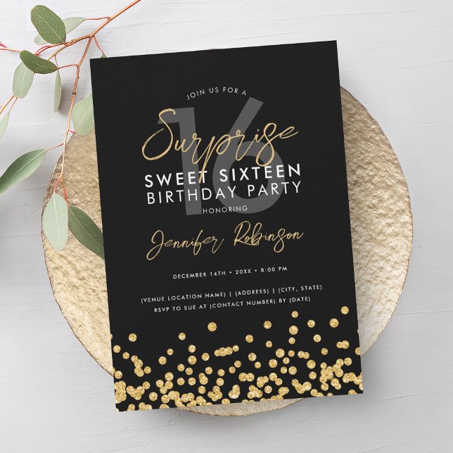 Convite Elegante Dourado Glitter Confetti Surpresa Sweet 1 (Elegant Gold Glitter Confetti Surprise Sweet 16 Invitation)