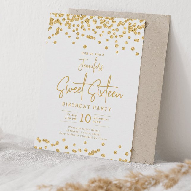 Convite Elegante Dourado Glitter Confetti Sweet 16 Party (Elegant Gold Glitter Confetti Sweet 16 Party Invitation)