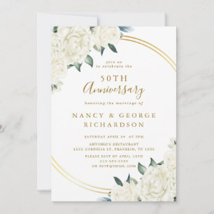 Convite Elegante Dourado Ivory Floral 50º Aniversário de C