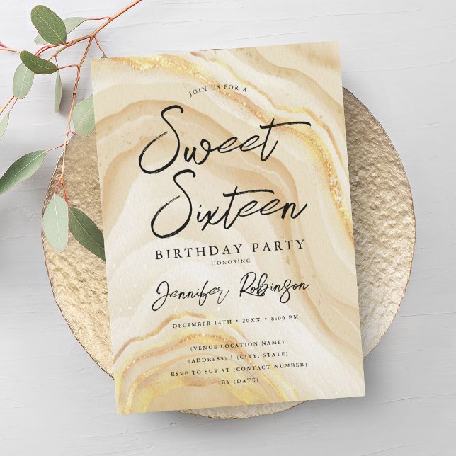 Convite Elegante Dourado Marble Sweet 16 Aniversário (Elegant Gold Glitter Marble Sweet 16 Birthday Invitation)