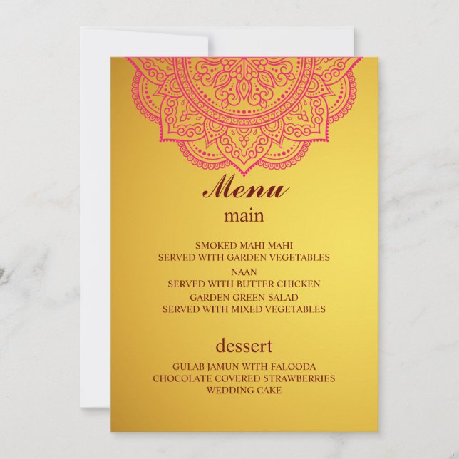 Convite Elegante Dourado menu Casamento Hindu Indiano Rosa (Frente)
