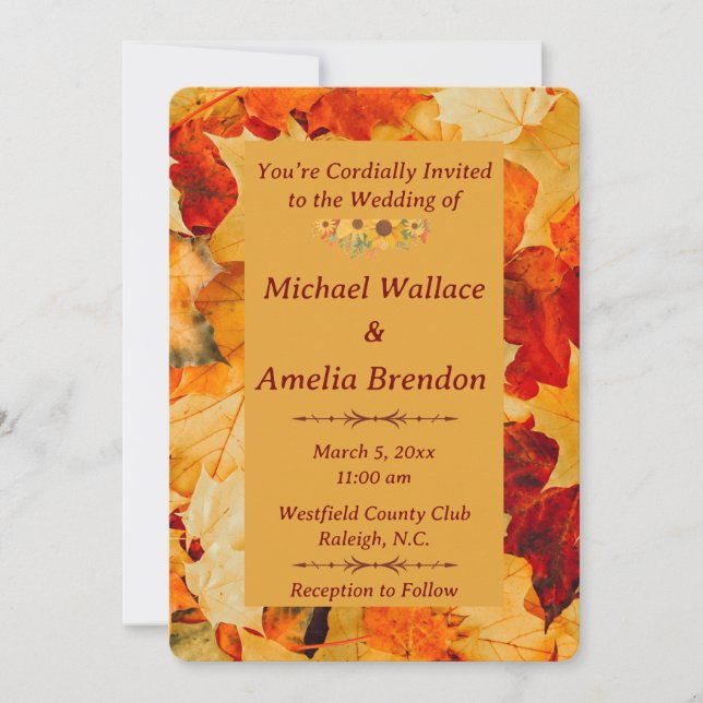 Convite Elegante, Dourado outono deixa Casamento outono (Frente)