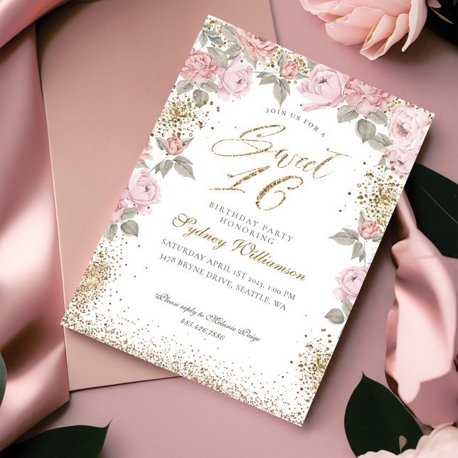Convite Elegante Dourado, Peony Florals Sweet 16 (Criador carregado)