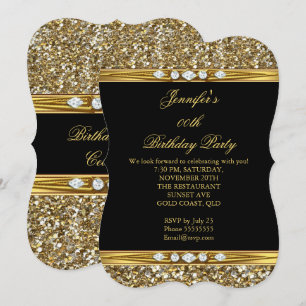 Convite Elegante Dourado Preto Brilho Diamante Festa de An