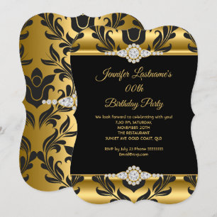 Convite Elegante Dourado Preto Damasco Diamante Festa de A