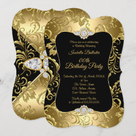Convite Elegante Dourado Preto Damasco floral Festa de Ani