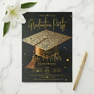 Convite Elegante Dourado Preto Falso Brilho Cap Graduação
