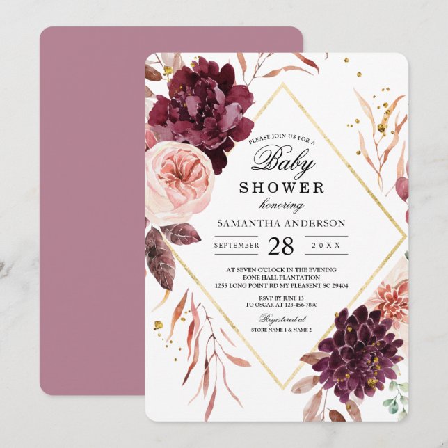 Convite Elegante Dourado Quadro Floral Vermelho e Rosa (Frente/Verso)