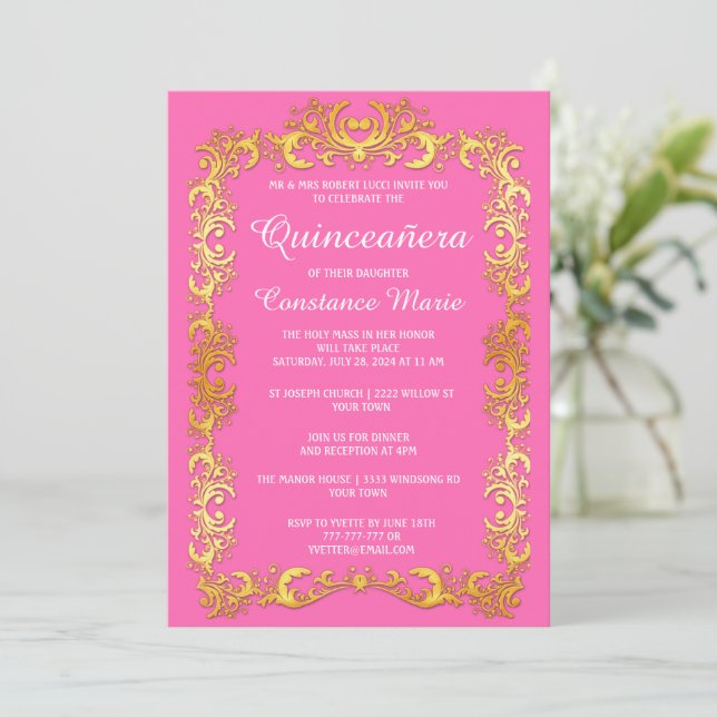 Convite Elegante Dourado Quinceanera (Em pé/Frente)