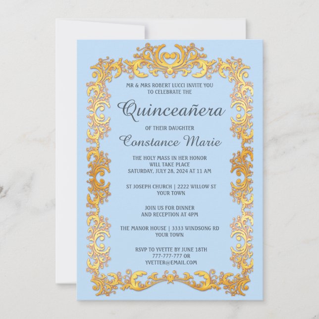 Convite Elegante Dourado Quinceanera (Frente)