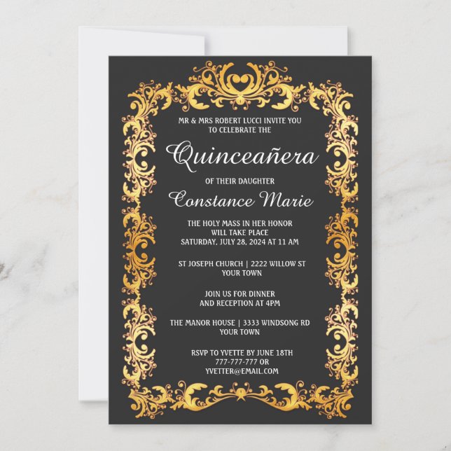 Convite Elegante Dourado Quinceanera (Frente)