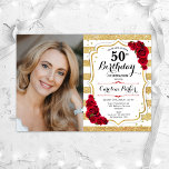 Convite Elegante Dourado Rosa vermelha Branco Foto 50º Ani<br><div class="desc">Elegante convite floral feminino para o 50º aniversário com sua foto. Gama, design branco e vermelho com ouro brilhante falso. Recursos stripes, rosa vermelha, fonte de script e confetti. Perfeito para uma festa de comemoração de na moda adulto. Personalize com seus próprios detalhes. Pode ser personalizado para qualquer idade! Impressos...</div>