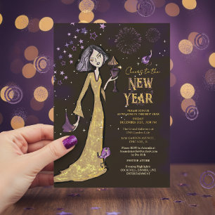 Convite Elegante Dourado Roxo Corporativo Ano Novo Glamour