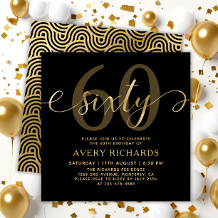 Convite Elegante Dourado Sessenta Script Black 60th Birthd