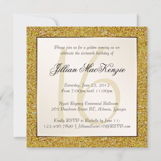 Convite Elegante Dourado Sweet 16 Faux Glitter Invite (Frente)