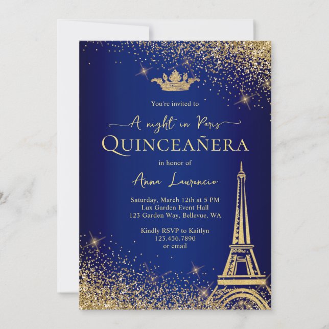 Convite Elegante Dourado Tema da Noite de Paris Quinceaner (Frente)
