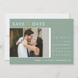 Convite Elegante Dourado Verde Sage Salvar o Calendário de