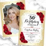 Convite Elegante Dourado Vermelho Branco Foto 50º Aniversá<br><div class="desc">Elegante convite floral feminino de 50 anos com sua foto no final do cartão. Design com ouro falso. Apresenta rosa vermelha, fonte de script e confetti. Perfeito para uma festa de comemoração de na moda adulto. Personalize com seus próprios detalhes. Pode ser personalizado para qualquer idade! Impressos convites Zazzle ou...</div>