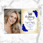 Convite Elegante Dourado White Blue Foto 50th Birthday<br><div class="desc">Elegante convite floral feminino para o 50º aniversário com sua foto. Design com ouro falso. Apresenta rosas azuis reais, fonte de script e confetti. Perfeito para uma festa de comemoração de na moda adulto. Personalize com seus próprios detalhes. Pode ser personalizado para qualquer idade! Impressos convites Zazzle ou modelo de...</div>