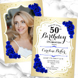Convite Elegante Dourado White Blue Foto 50th Birthday<br><div class="desc">Elegante convite floral feminino de 50 anos com sua foto no final do cartão. Design com ouro falso. Apresenta rosas azuis reais, fonte de script e confetti. Perfeito para uma festa de comemoração de na moda adulto. Personalize com seus próprios detalhes. Pode ser personalizado para qualquer idade! Impressos convites Zazzle...</div>