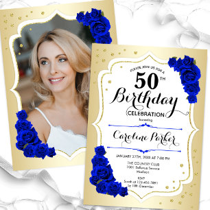 Convite Elegante Dourado White Blue Foto 50th Birthday