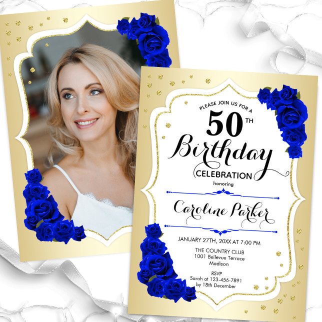 Convite Elegante Dourado White Blue Foto 50th Birthday (Criador carregado)
