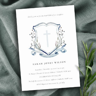Convite Elegante Dusky Blue Wildflower Cross Crest Baptism