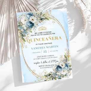 Convite Elegante Dusty Azul Dourado Verdor Quinceañera