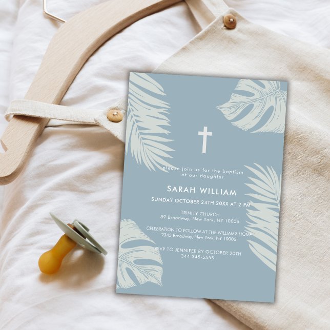 Convite Elegante Dusty Blue Boho deixa o batismo cruzado (Elegant Dusty Blue Boho Leave Gold Cross Baptism Invitation)