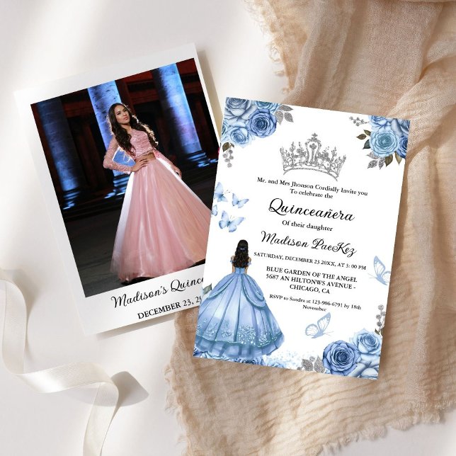 Convite Elegante Dusty Blue Borboleta Floral Quinceanera (Criador carregado)