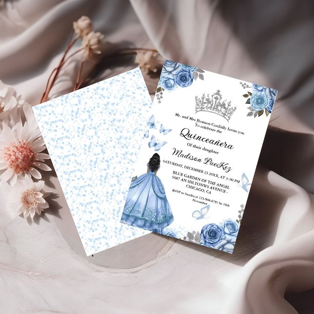 Convite Elegante Dusty Blue Borboleta Floral Quinceanera (Criador carregado)