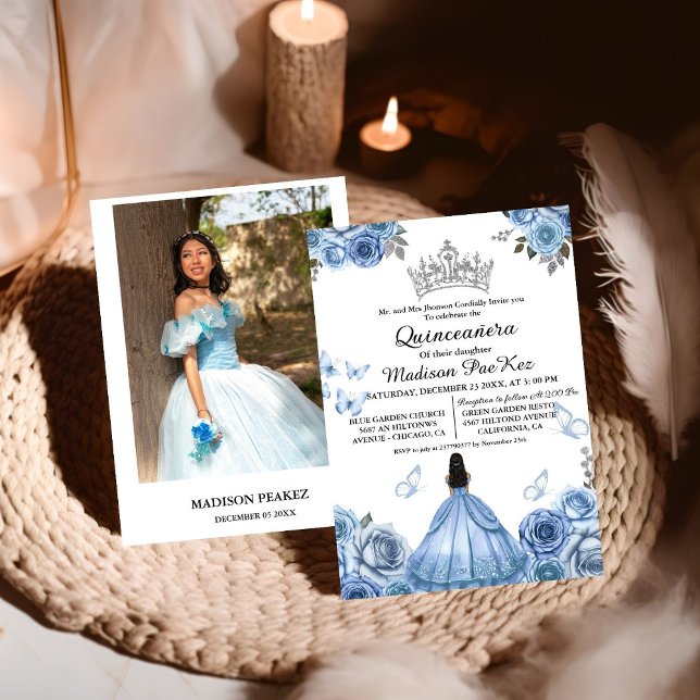 Convite Elegante Dusty Blue Borboleta Floral Quinceanera (Criador carregado)