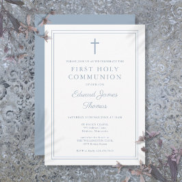 Convite Elegante Dusty Blue Border Primeira Comunhão Santa