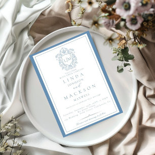 Convite Elegante Dusty Blue Crest Monograma Casamento Conv
