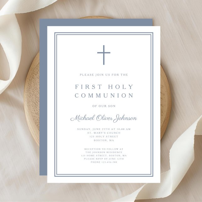 Convite Elegante Dusty Blue Cross Boy Primeira Comunhão Sa (Elegant Dusty Blue Cross Boy First Holy Communion Invitation)