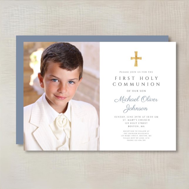 Convite Elegante Dusty Blue Cross Foto Boy Primeira Comunh (Elegant Dusty Blue Cross Photo Boy First Communion Invitation)