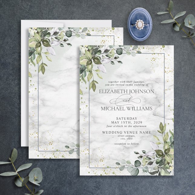 Convite Elegante Dusty Blue Eucalyptus Greenery Marble (Criador carregado)