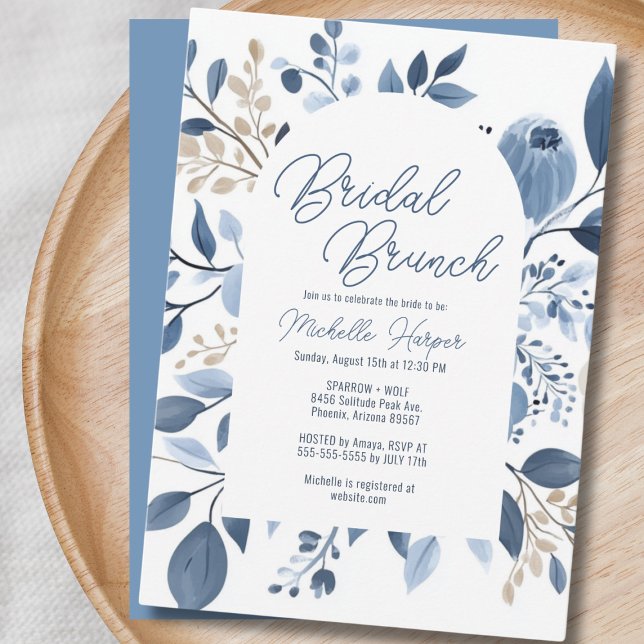 Convite Elegante Dusty Blue Floral Boho Bridal Brunch (Bridal brunch invitation with elegant dusty blue floral and boho design on wood.)