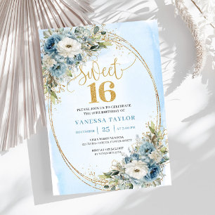 Convite Elegante Dusty Blue Floral Dourado Sweet Sixteen 1