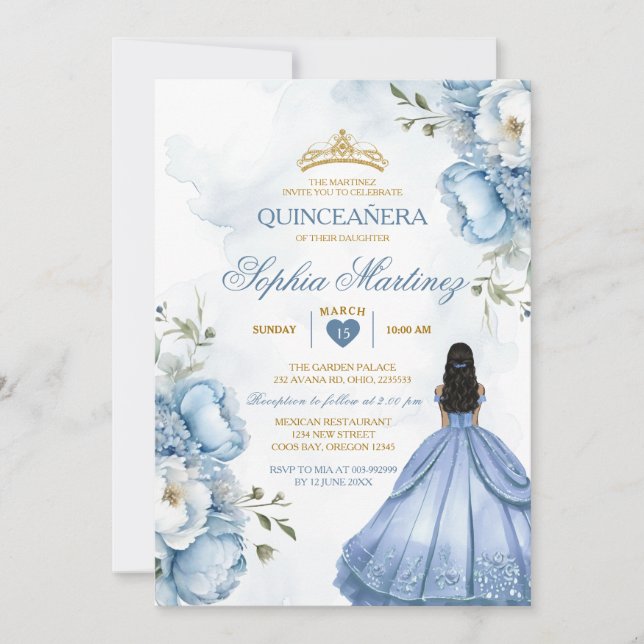 Convite Elegante Dusty Blue Flowers Princesa Quinceañera (Frente)