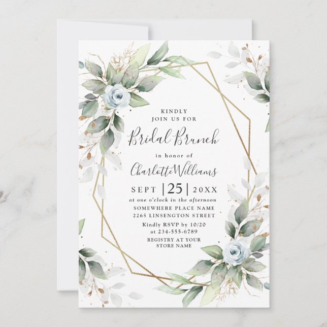Convite Elegante Dusty Blue Greenery Bridal Brunch (Frente)