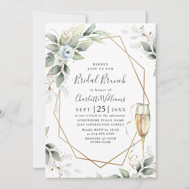 Convite Elegante Dusty Blue Greenery Bridal Brunch (Frente)