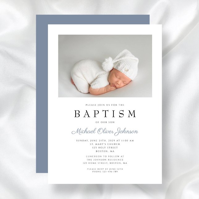 Convite Elegante Dusty Blue Photo Boy Baptism (Elegant Dusty Blue Photo Boy Baptism Invitation)