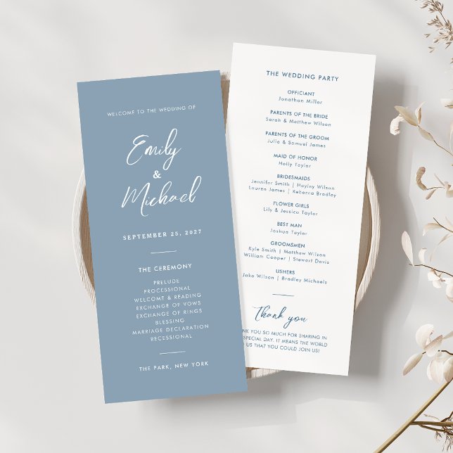 Convite Elegante Dusty Blue Script - Programa de Casamento (Criador carregado)