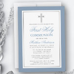 Convite Elegante Dusty Blue Silver Primeira Comunhão Santa<br><div class="desc">O moderno Elegante Dusty Blue e Silver Primeiro Convite à Comunhão com Cruz.</div>