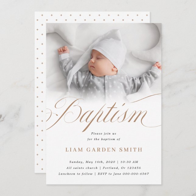 Convite Elegante Dusty Cream Scallops Criando Batismo I (Frente/Verso)