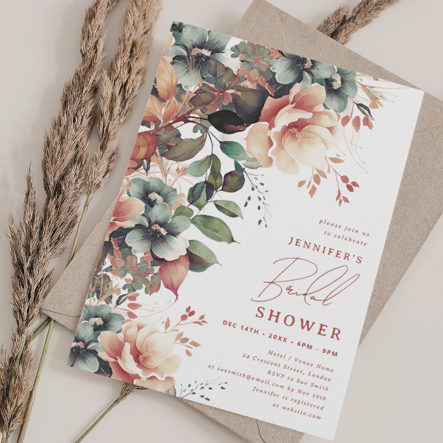 Convite Elegante Dusty Fall Autumn Chá de panela (Elegant Dusty Fall Autumn Floral Bridal Shower Invitation)